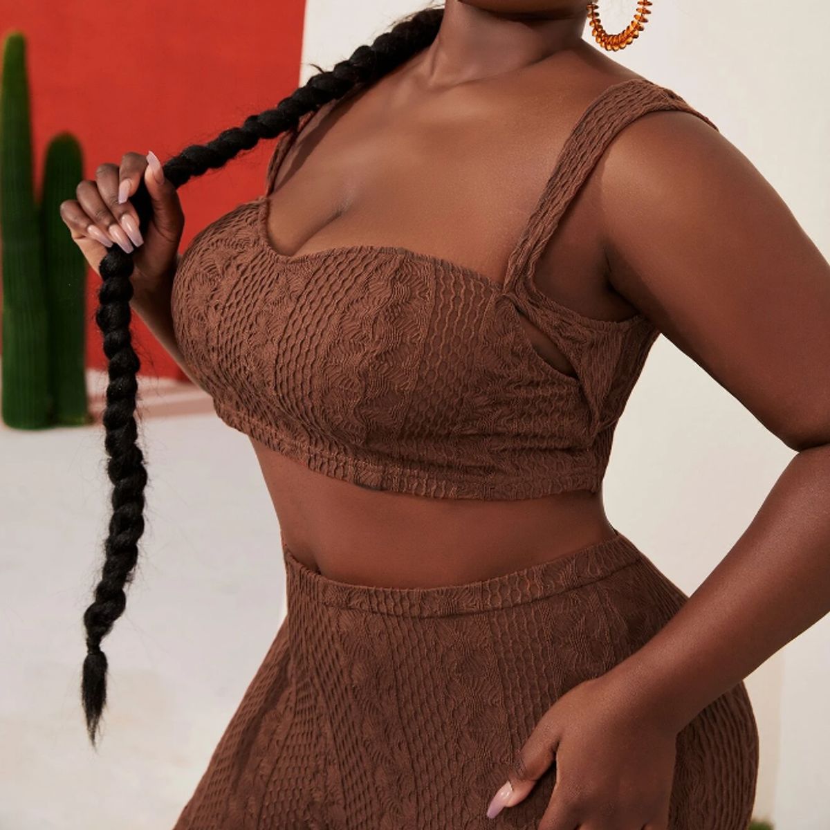 KIRAMA CLOTHING STORE - Top marrón tipo bustier con textura elástica y escote corazón