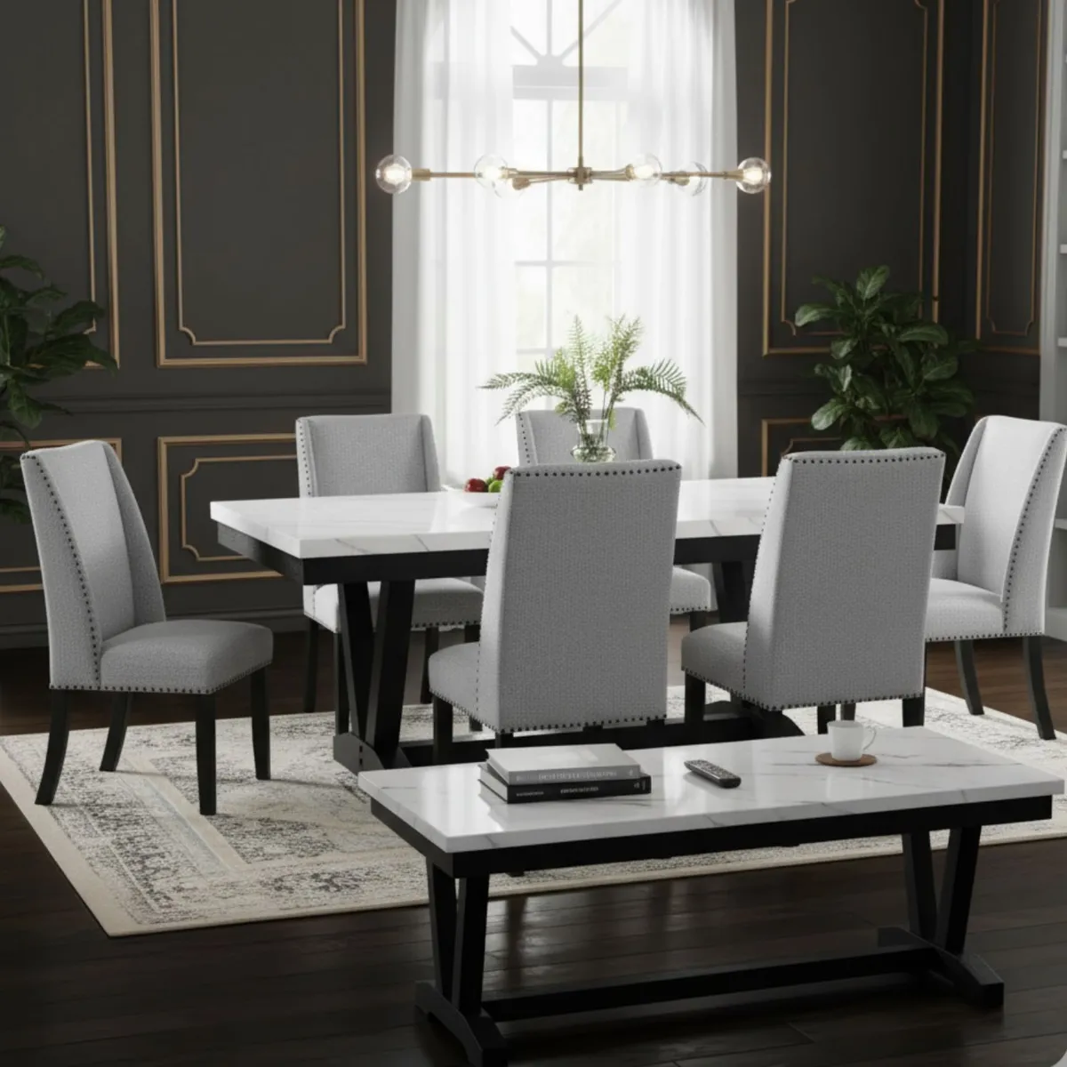 DANIELS - Set de Comedor 6 Sillas Rodeus + Mesa de Centro Mármol Blanco