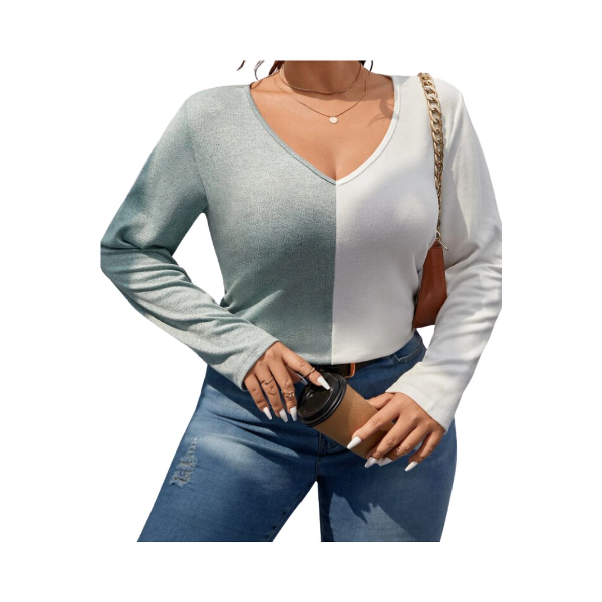 KIRAMA CLOTHING STORE - Polera multicolor de manga larga con escote en V y diseño canalé