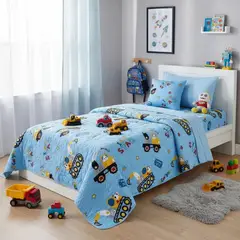 GENERICO - CUBRECAMA DE ALGODON CELESTE DISEÑO SUPER CAMIONES QUILT INFANTIL 1.5 PLAZA DIANA