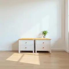 GENERICO - Par de Veladores de madera 2 cajones 65x40x55 color Blanco Cubierta Natural