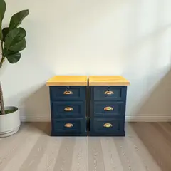 GENERICO - Par de Velador de Madera 3 cajones rústico 45x40x70 color Azúl Pétroleo