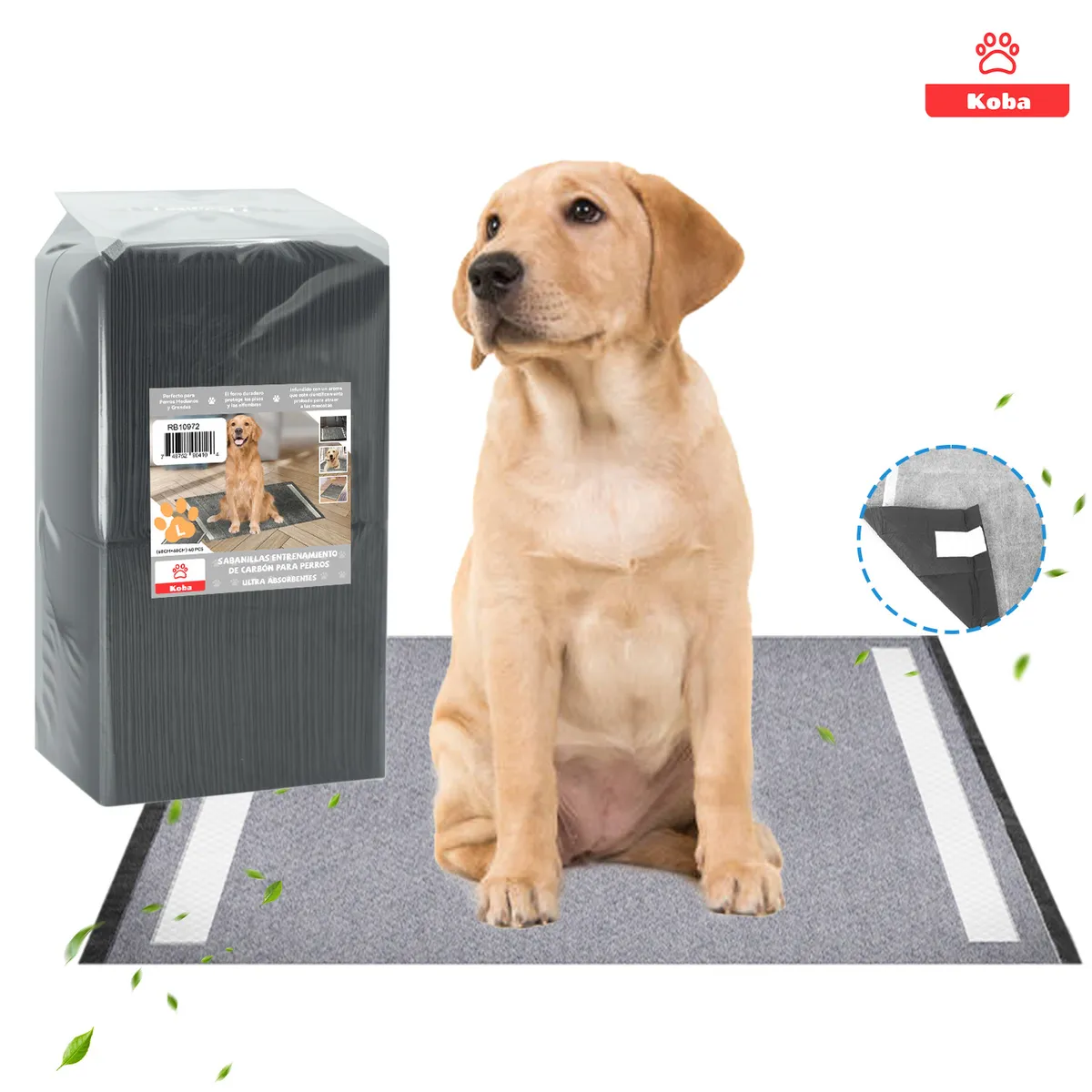 KOBA - 40 Pañales Para Perro Sabanillas Entrenamiento De Carbón Talla L 60x60cm