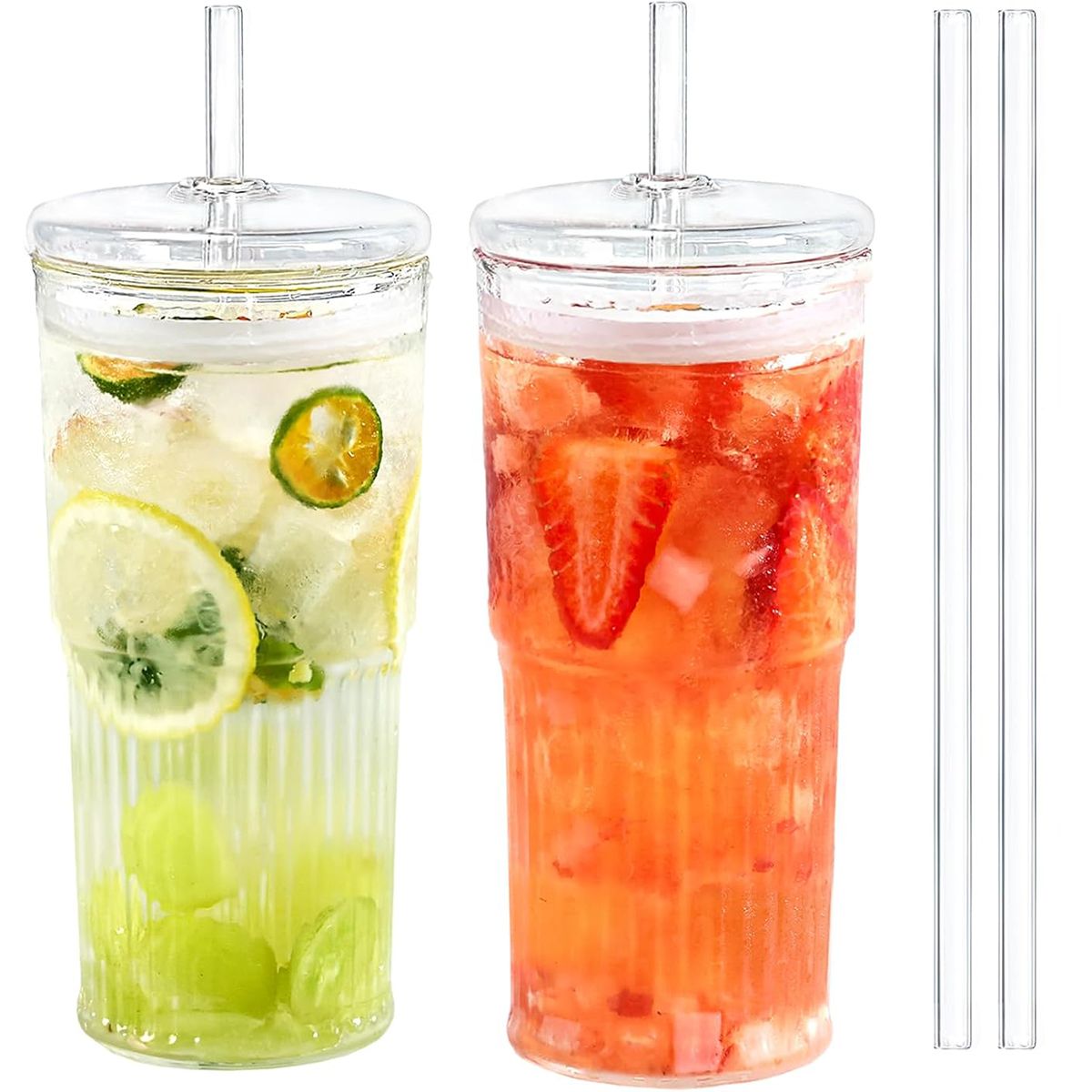 EINICIO - Juego de 2 Vasos de Vidrio con Pajita y Tapa de Vidrio