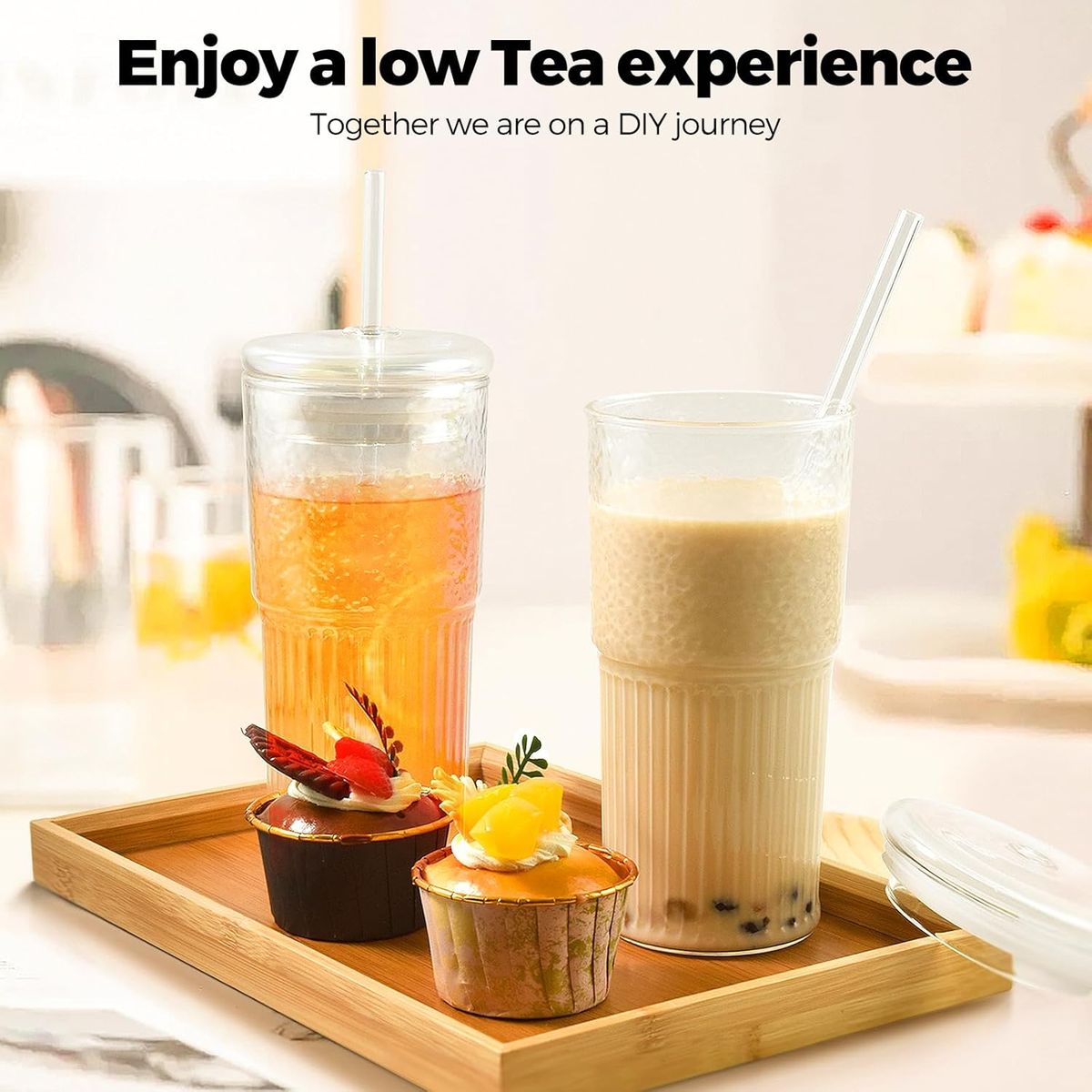 EINICIO - Juego de 2 Vasos de Vidrio con Pajita y Tapa de Vidrio