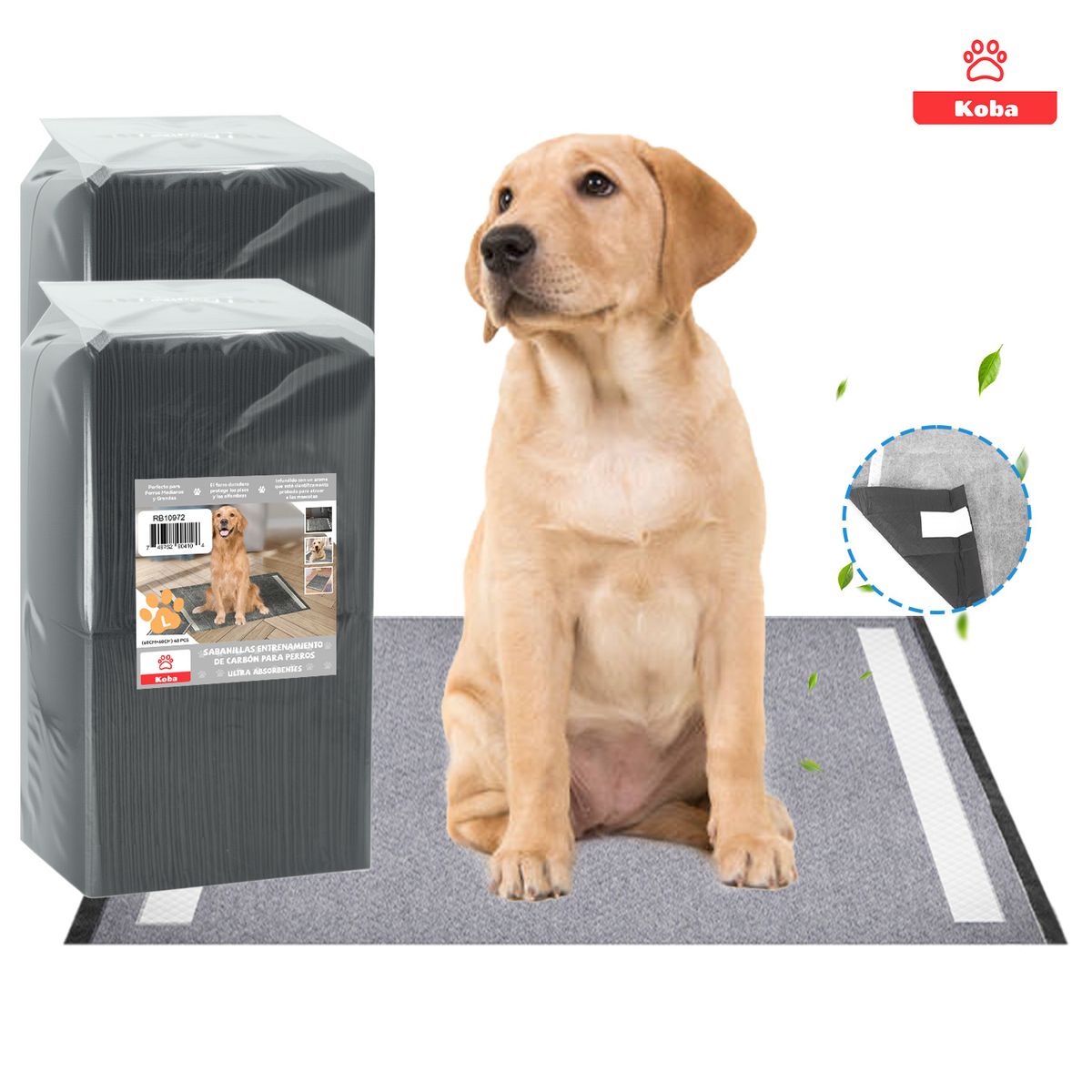 KOBA - 80 Pañales Para Perro Sabanillas Entrenamiento De Carbón Talla L 60x60cm