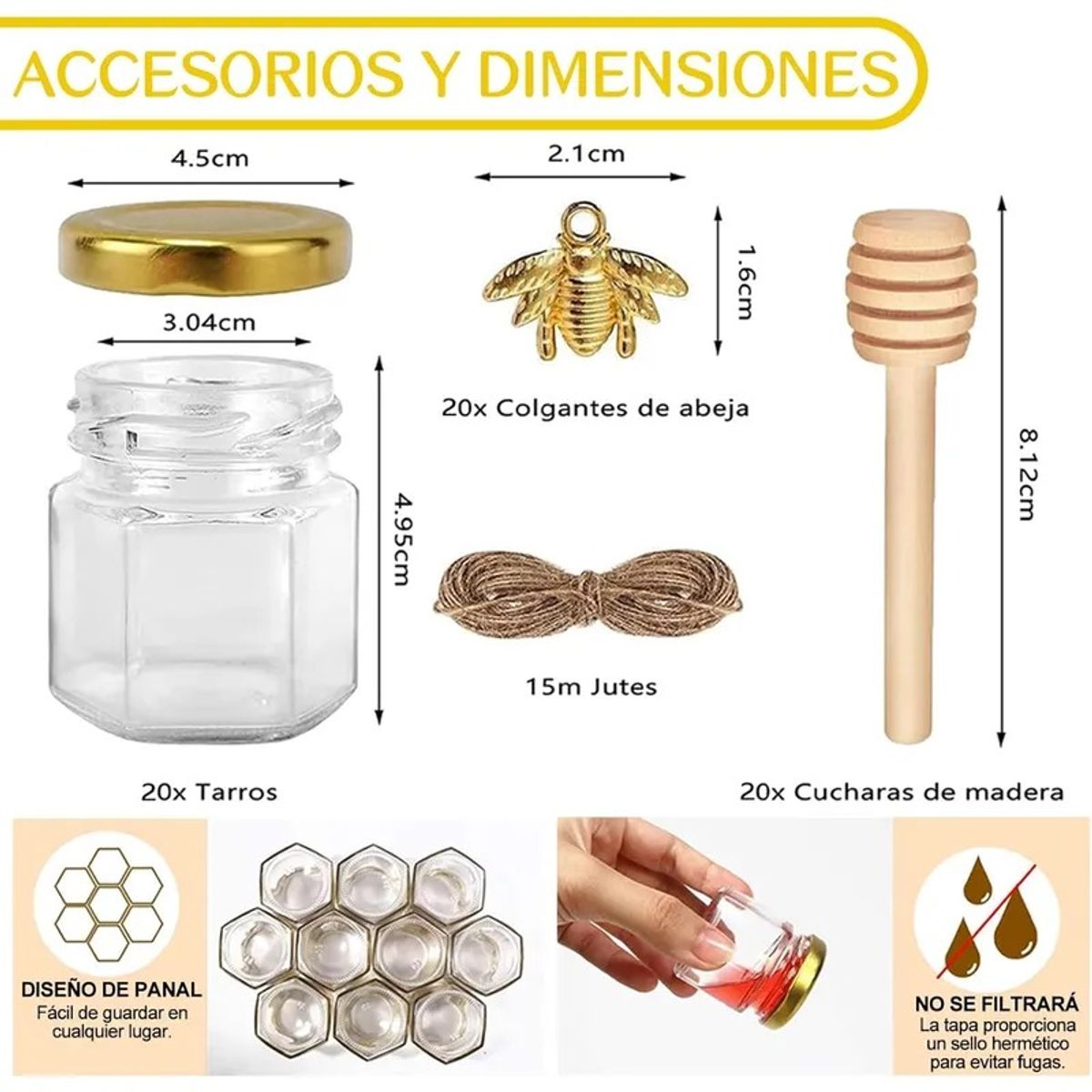 GENERICO - Frasco De Vidrio Mini Miel Hexagonal 45 Ml Con Tapa (20pcs)