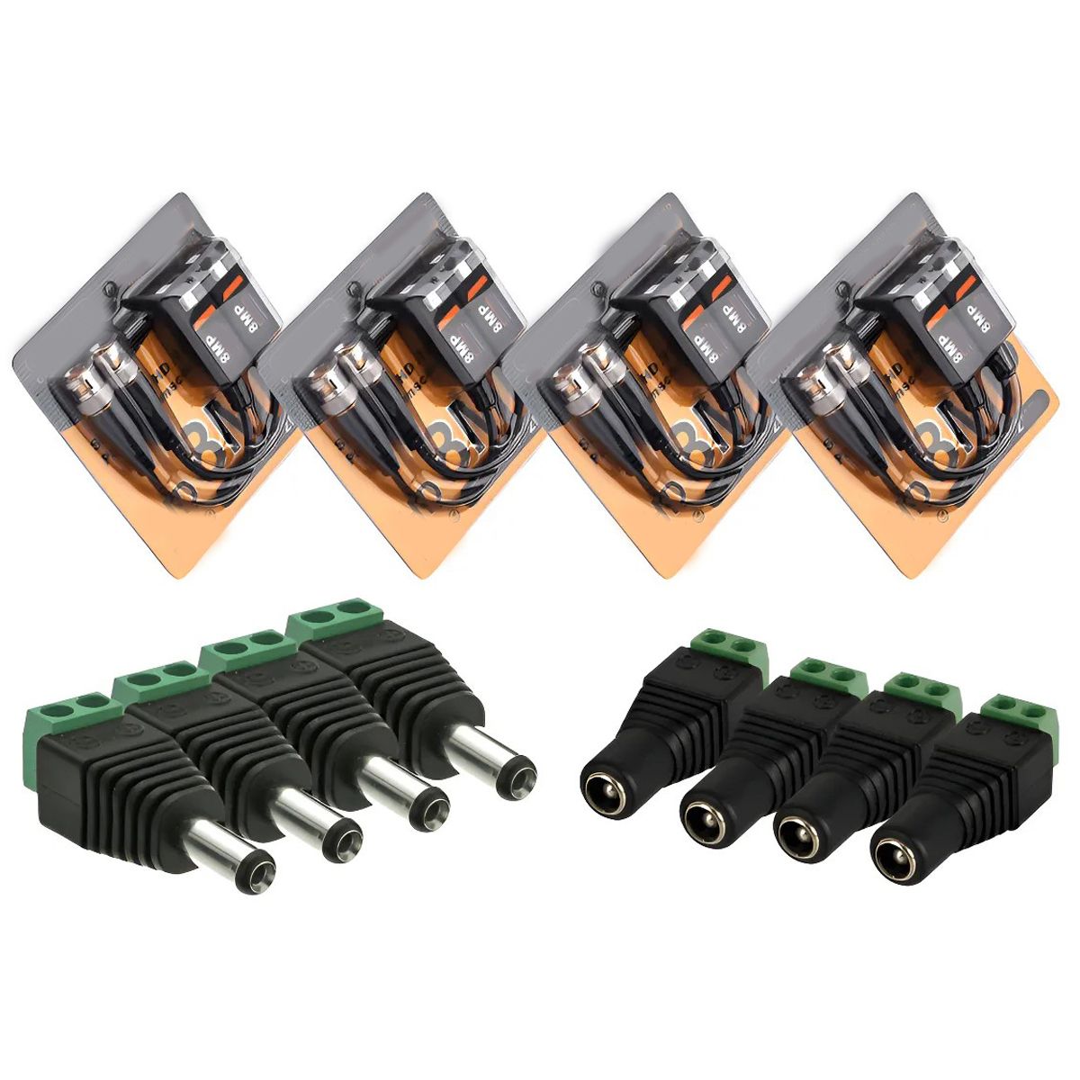 KUANGYE - Pack 4 Video Balun 8mp Y 4 Par Conectores Dc Negro