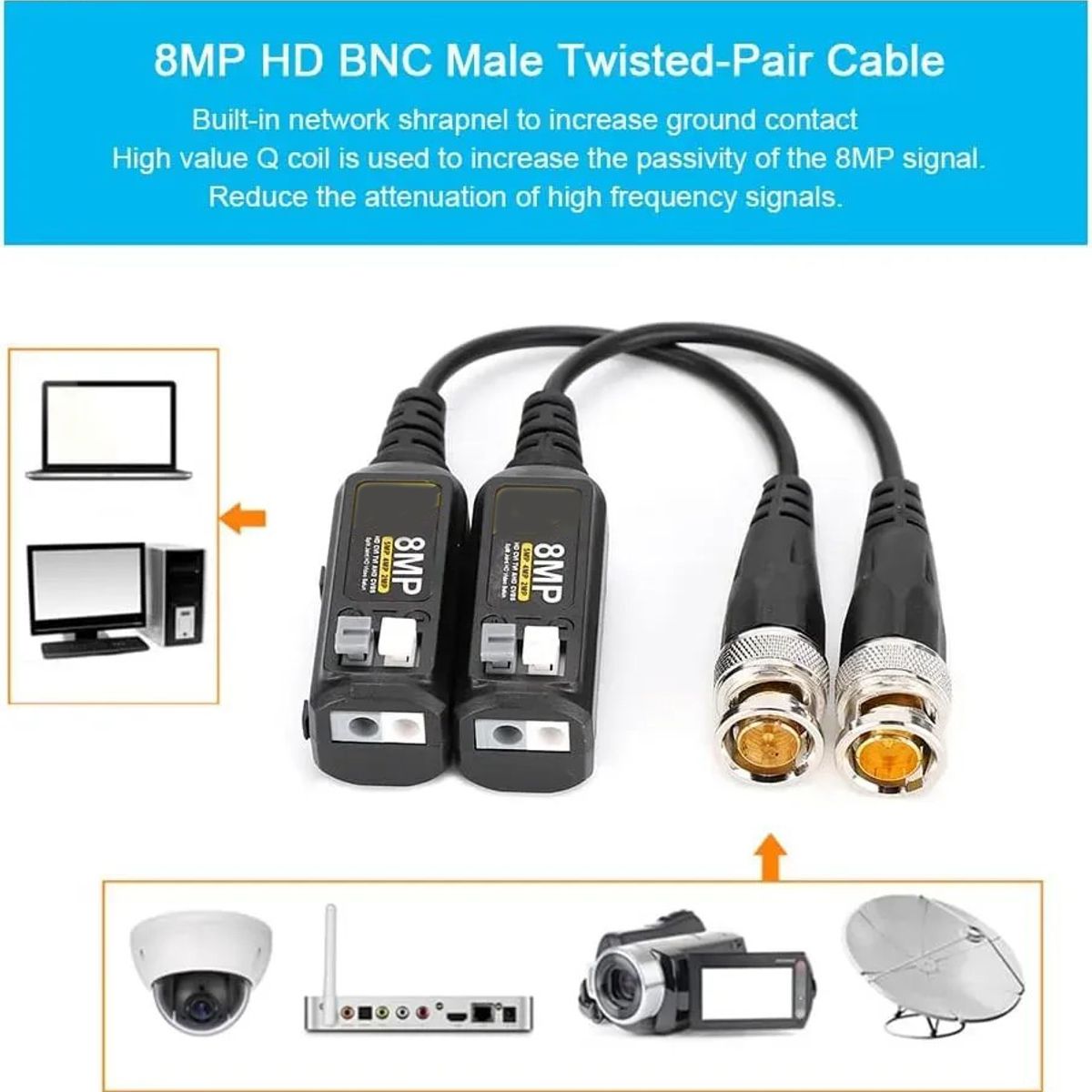 KUANGYE - Pack 4 Video Balun 8mp Y 4 Par Conectores Dc Negro