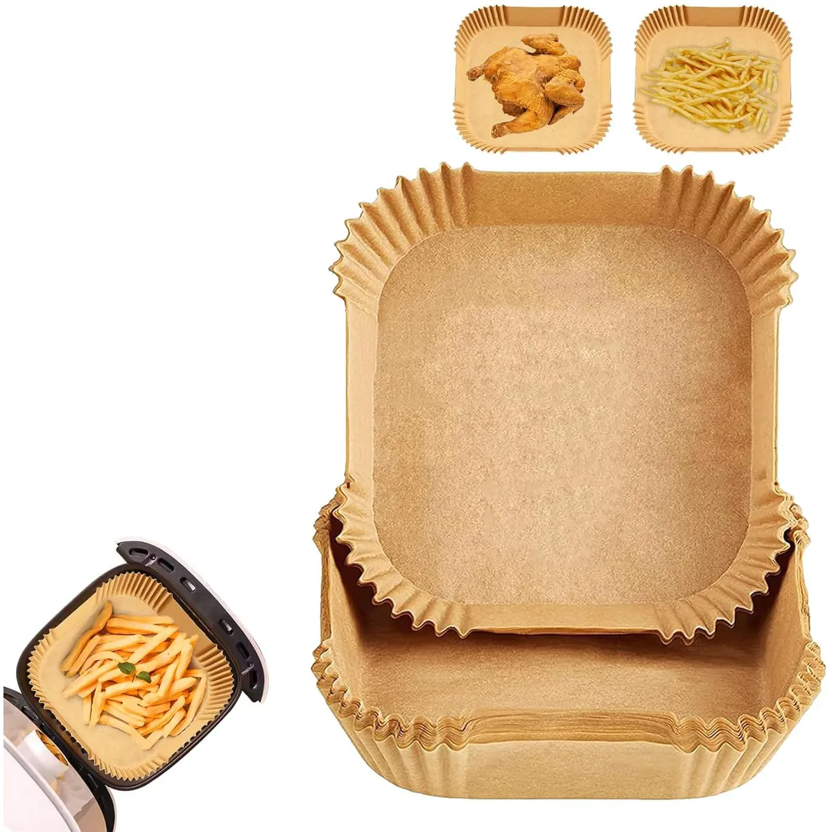 KUANGYE - Papel Air-fryer Freidora Descartable Cuadrado 20cm 300und Marrón Claro