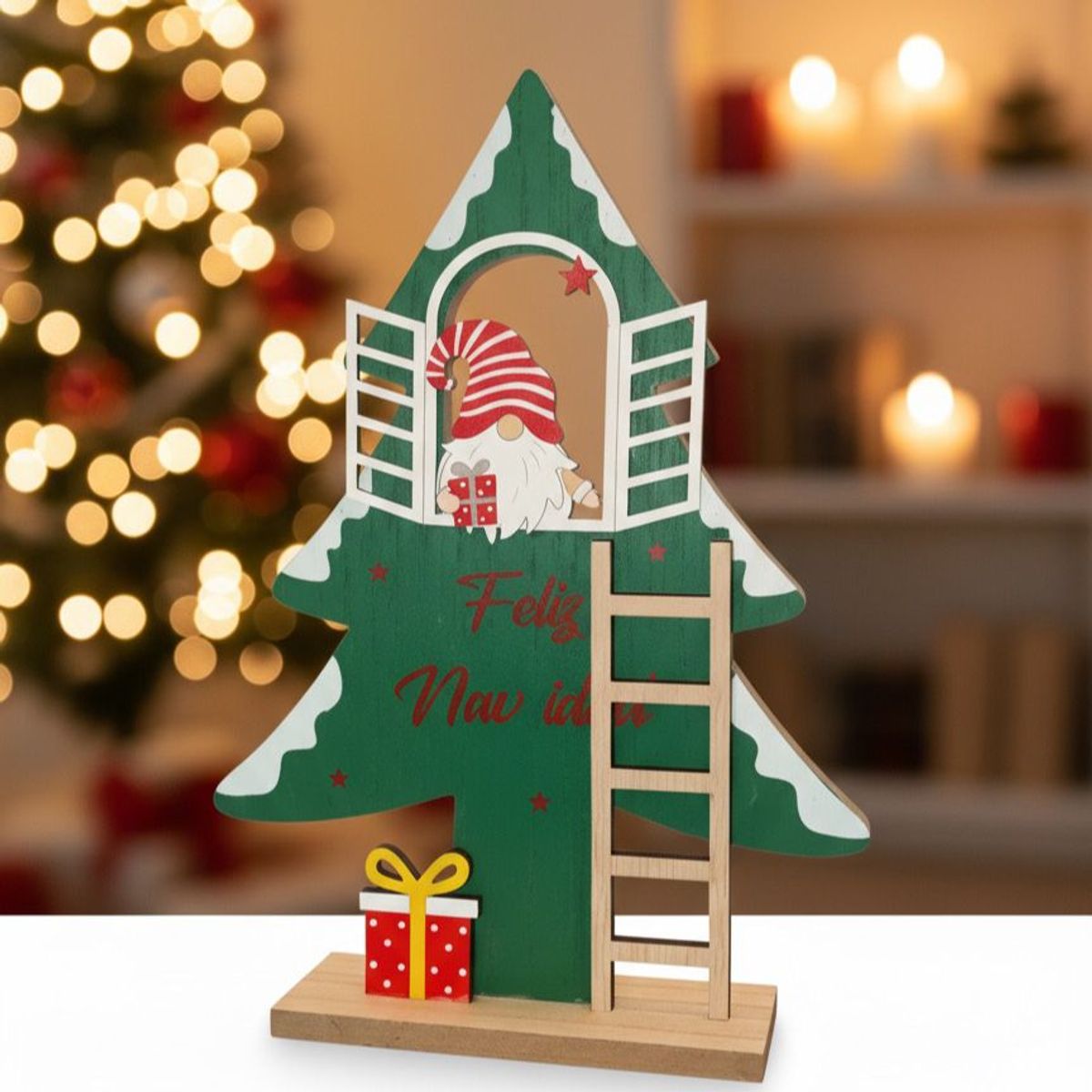 WAKESHOME - Arbolito De Madera Con Nomo 30*16cm adorno navideño