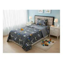 GENERICO - CUBRECAMA DE NIÑO QUILT DE VERANO DELGADO DISEÑO INFANTIL GRIS GRUAS 1.5 PLAZA