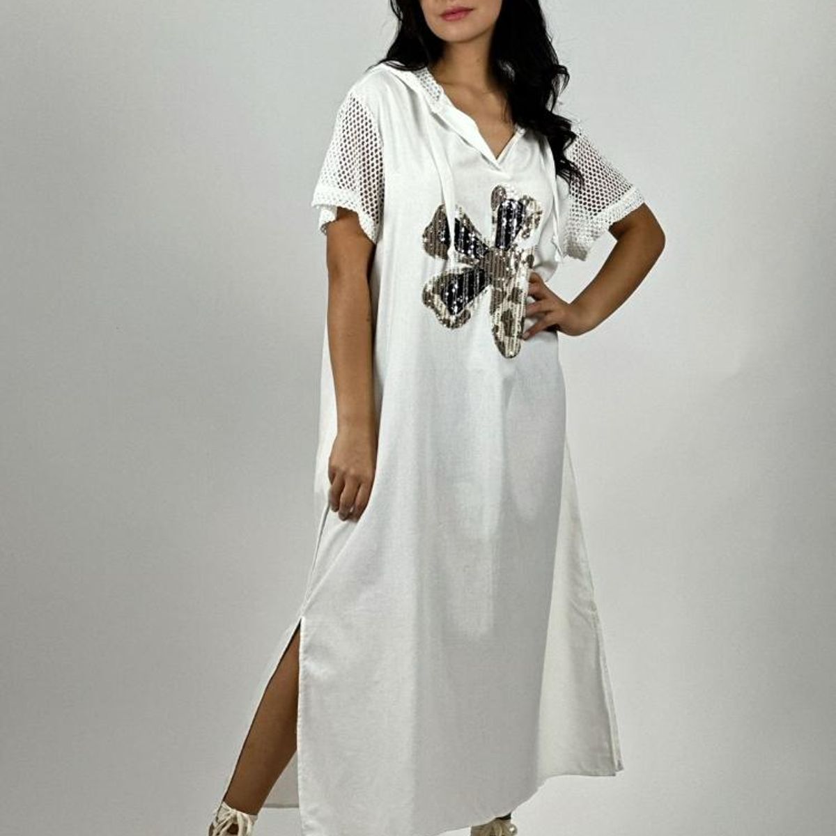 ENIGMATICA BOUTIQUE - Vestido Largo Crepé Flor Brillos