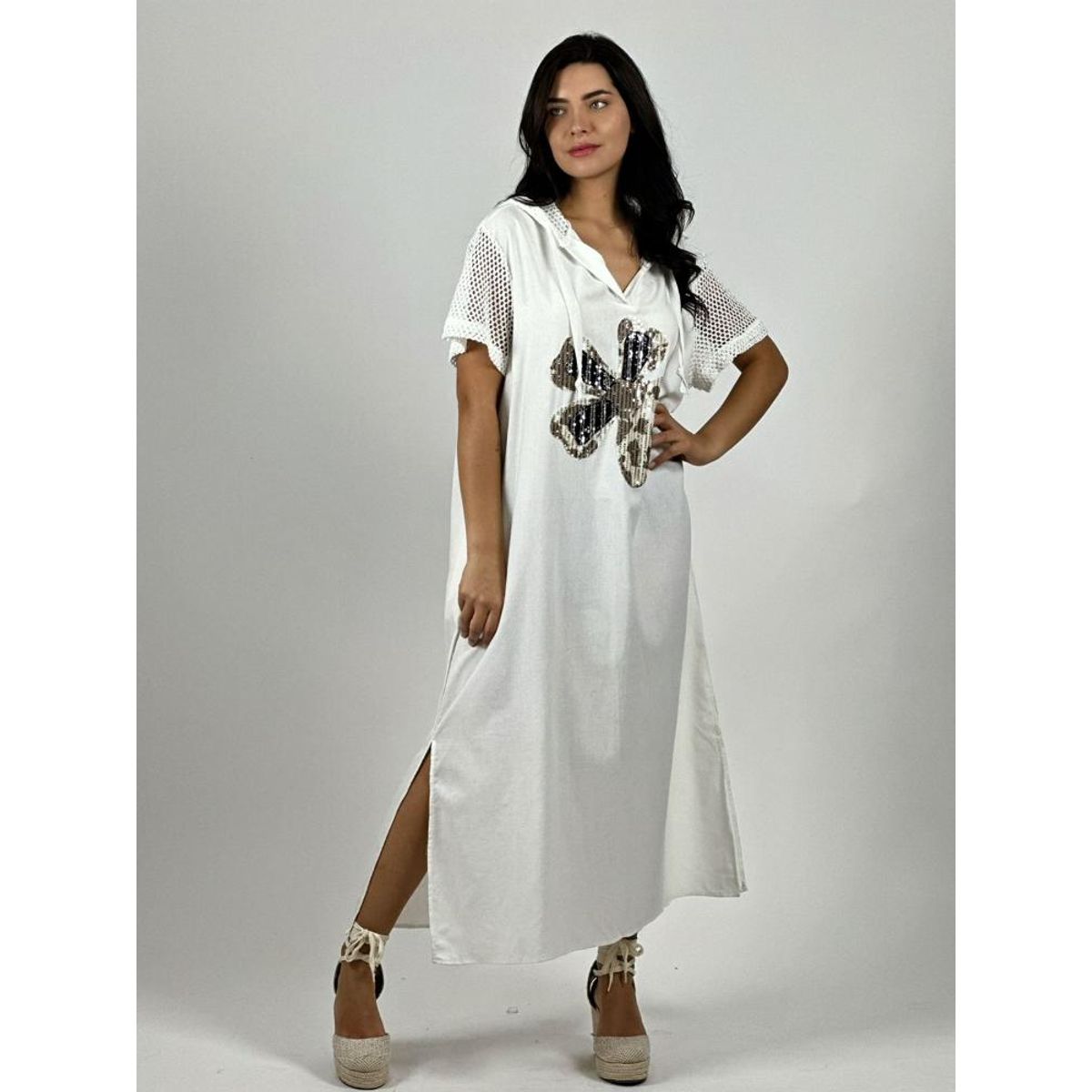 ENIGMATICA BOUTIQUE - Vestido Largo Crepé Flor Brillos