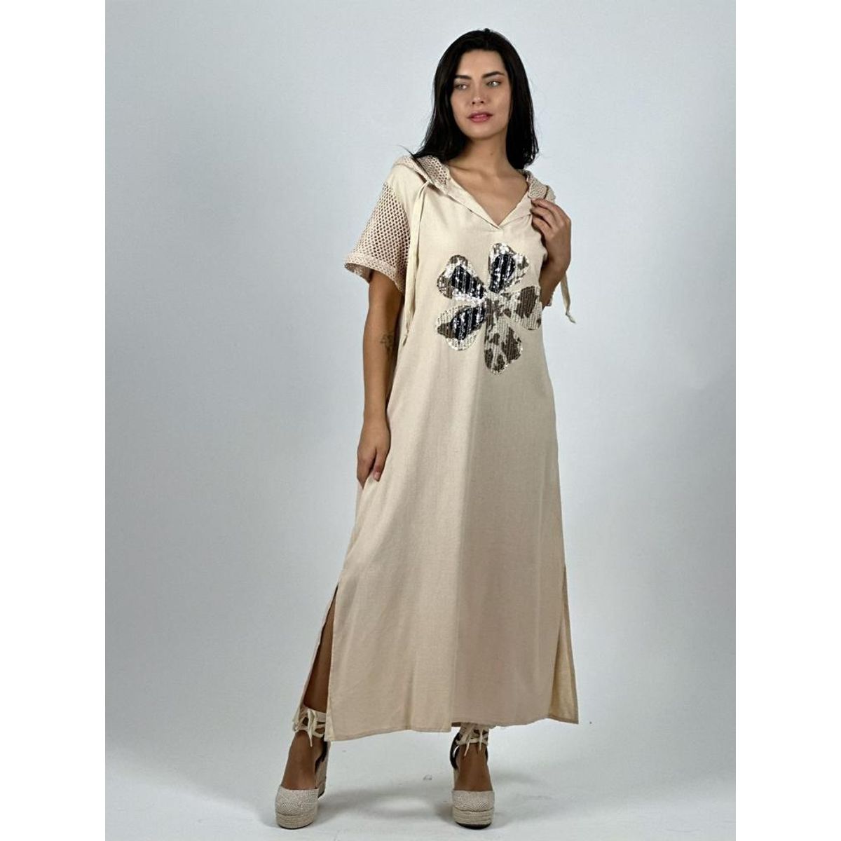 ENIGMATICA BOUTIQUE - Vestido Largo Crepé Flor Brillos