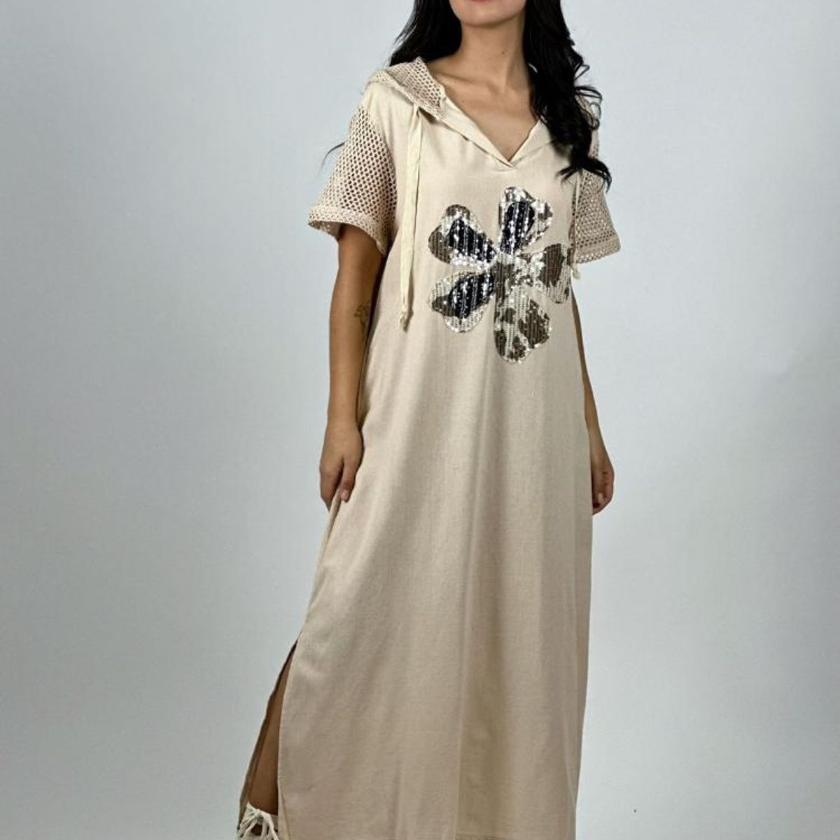 ENIGMATICA BOUTIQUE - Vestido Largo Crepé Flor Brillos