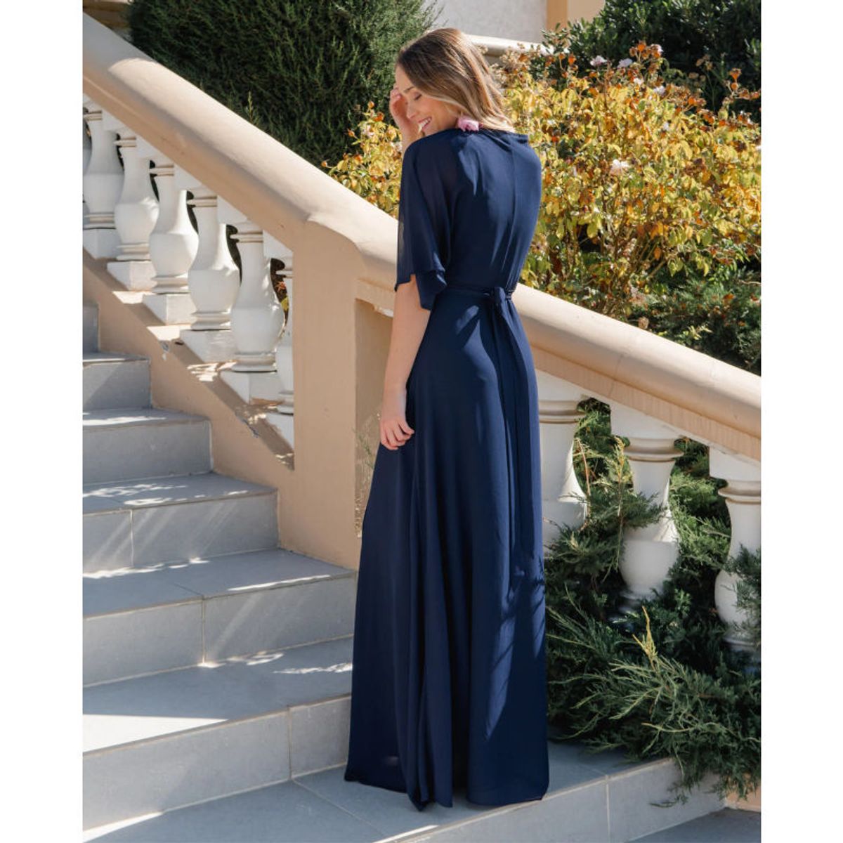 MI PLACARD - Vestido Largo de Fiesta Leandra Gasa Azul Oscuro