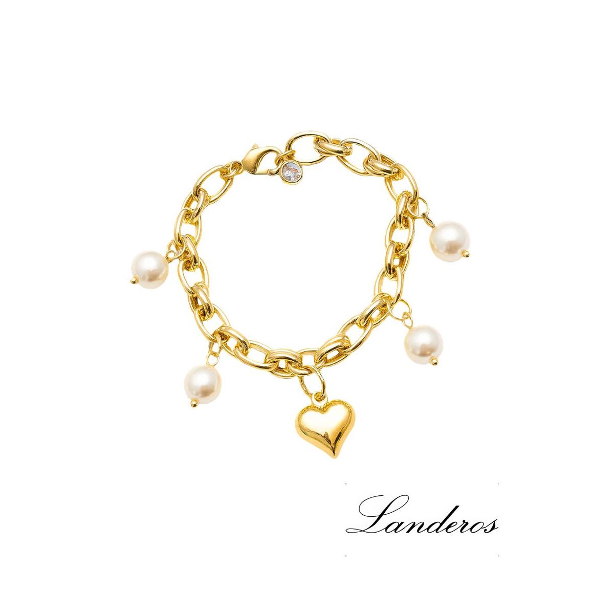 JOYAS LANDEROS - Pulsera Corazón Perlas colgantes Enchapada en oro 18k - 20CM