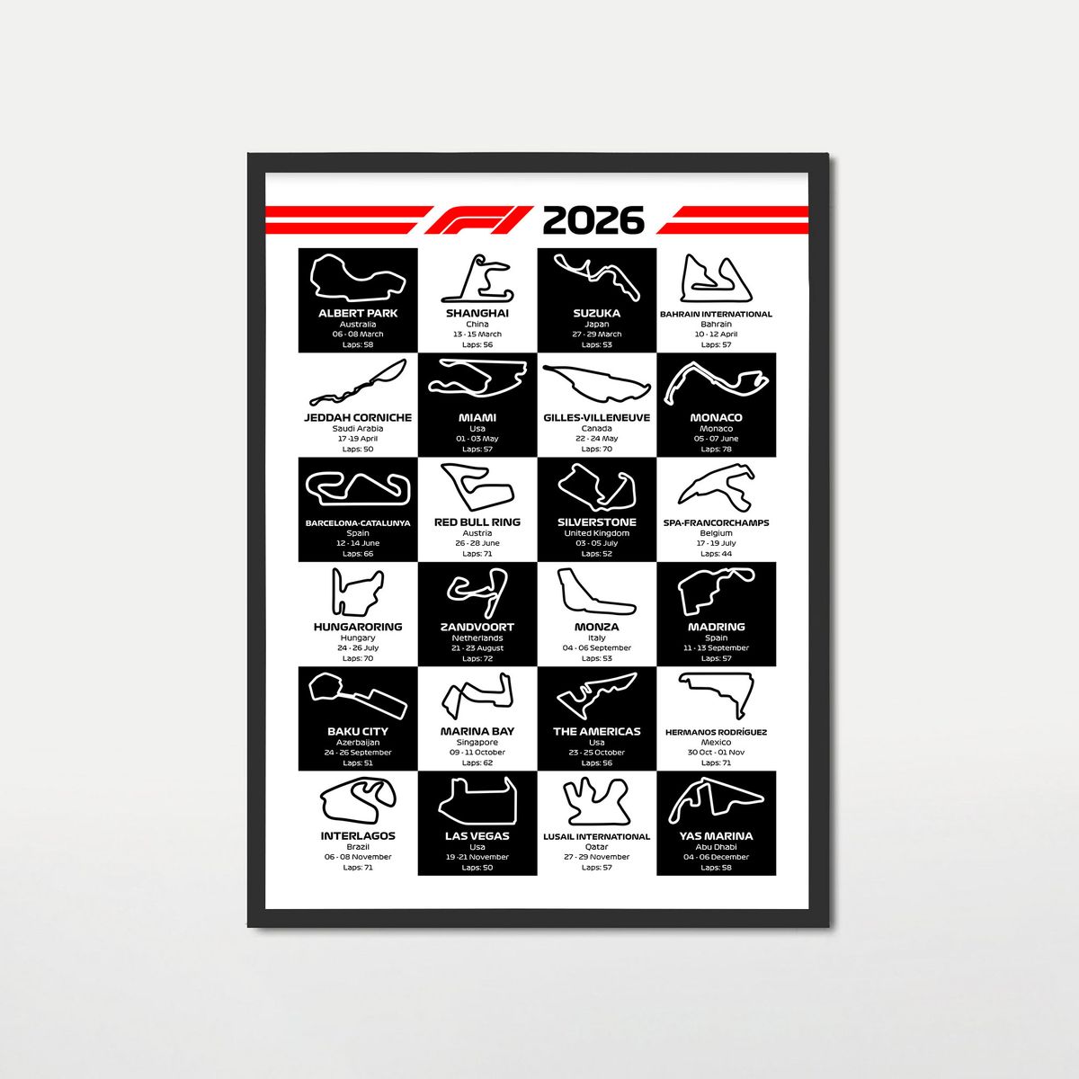 GENERICO - Cuadro calendario 2026 Formula 1 bandera a cuadros