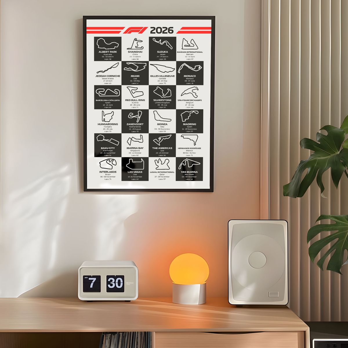 GENERICO - Cuadro calendario 2026 Formula 1 bandera a cuadros