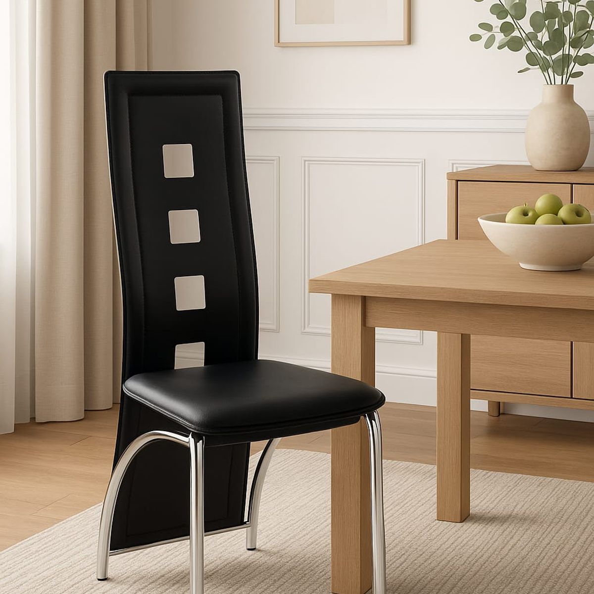 GENERICO - Silla Moderna Cromada con Respaldo Alto en Ecocuero Negro  Diseño Contemporáneo