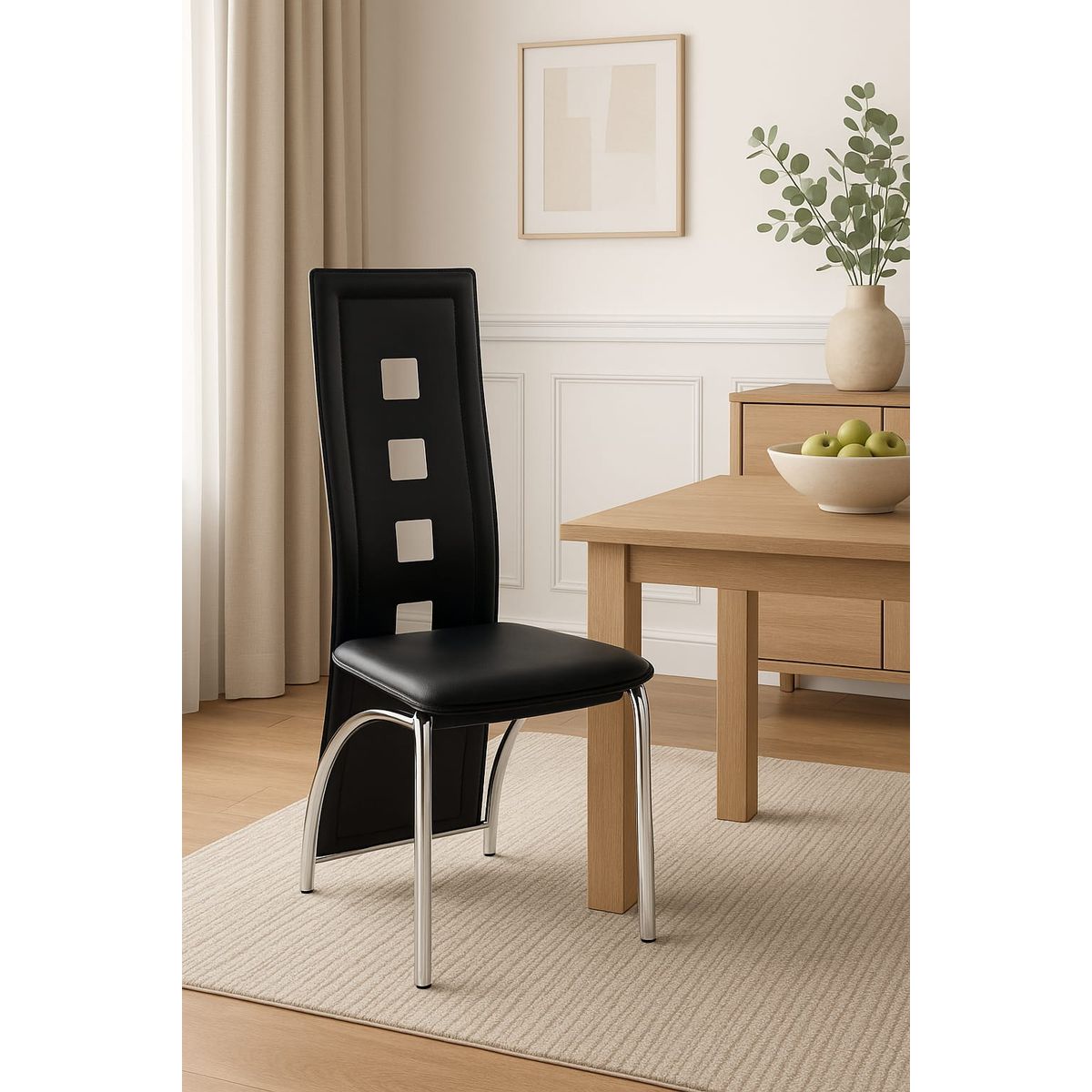 GENERICO - Silla Moderna Cromada con Respaldo Alto en Ecocuero Negro  Diseño Contemporáneo