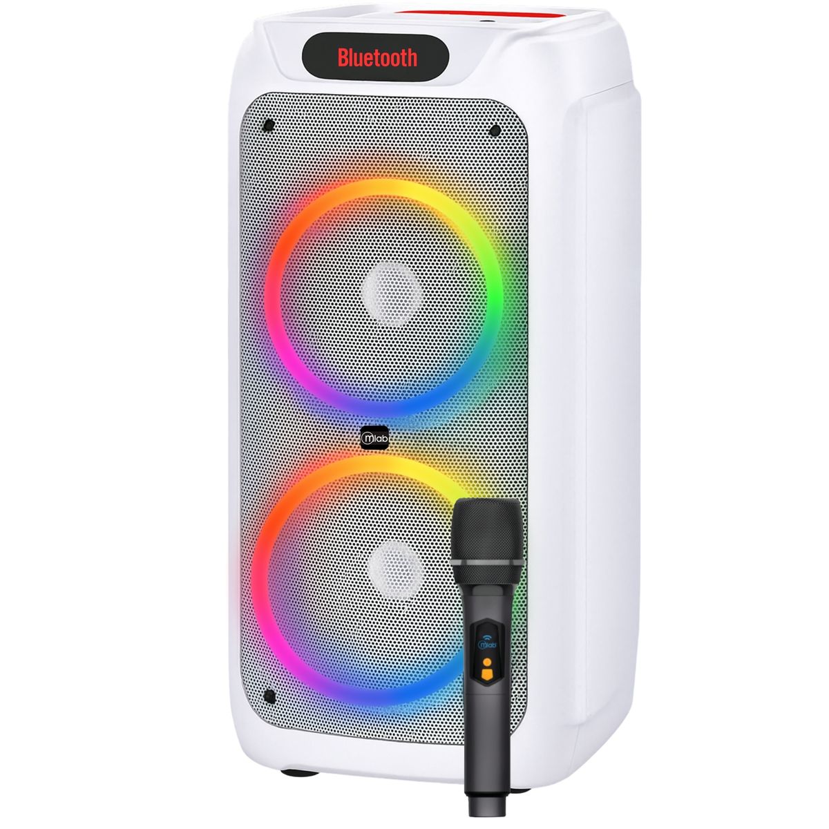 MLAB - Parlante Karaoke RGB Flaming BIG BASS Dual 8" con Microfono Inalámbrico 60W RMS Blanco