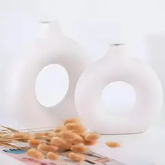 GENERICO - 3 Jarrónes Cerámica Blanca Forma Embrión Plantas Tamaños