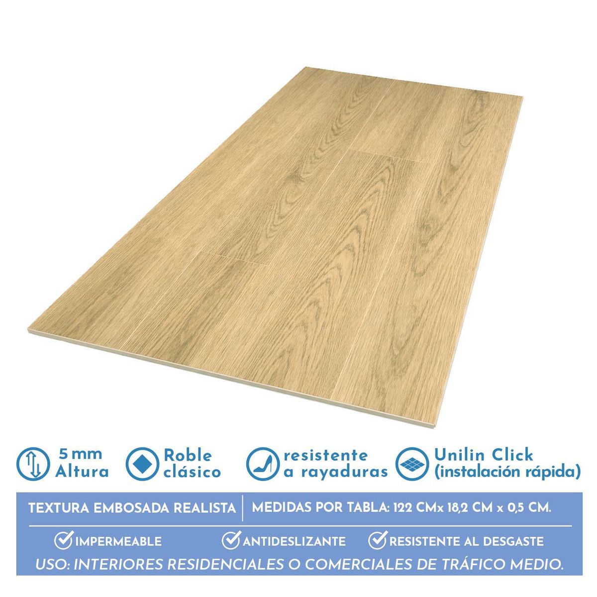 NOVAHUS - Piso SPC Roble Clásico Click 5+1mm 18,2cm x 122cm rend 2,2 m2