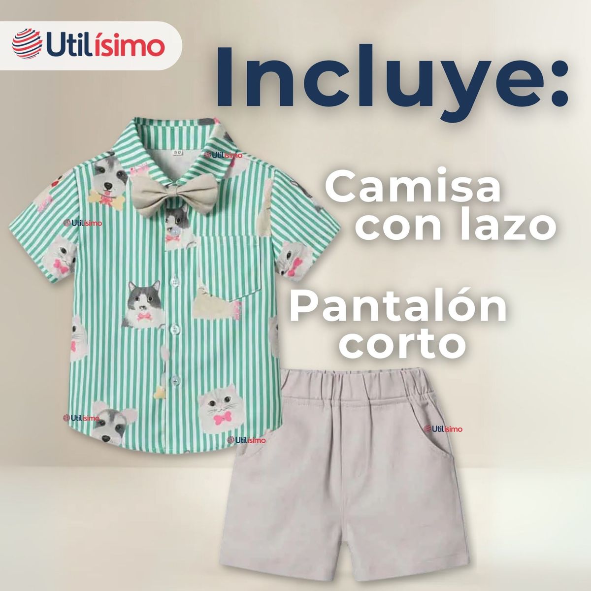UTILISIMO - Conjunto de Vestir Camisa Con Lazo Y Pantalón Corto Algodón Bebe