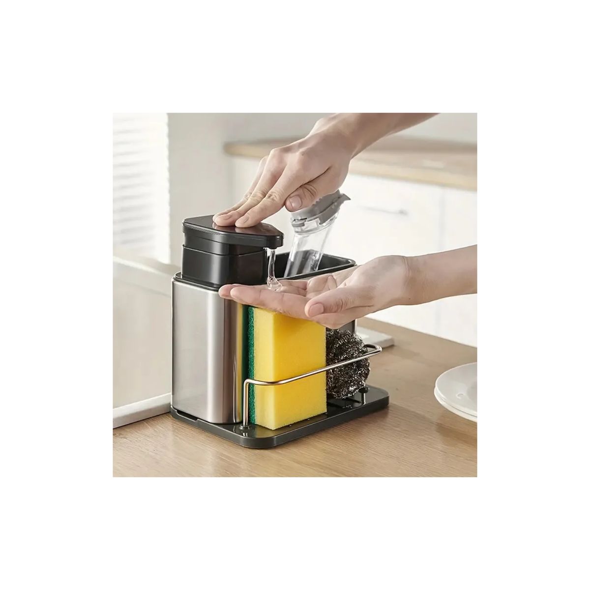 GENERICO - Dispensador De Jabon Liquido Escurridor Acero Inox. 3 En 1 - Plateado