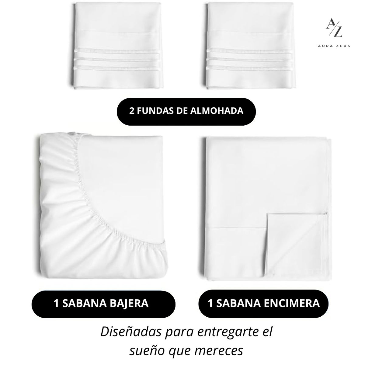 AZ AURAZEUS - Juego De Sabanas + Fundas De Almohada Blanca 2 Plazas Hilos Suave Aura Zeus