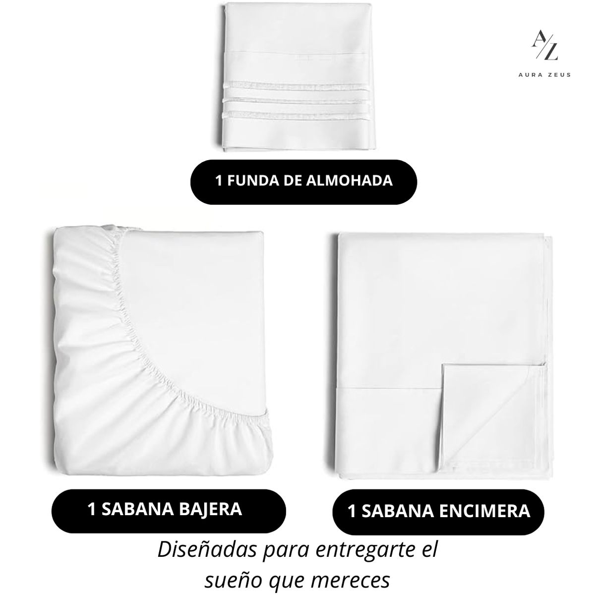AZ AURAZEUS - Juego De Sabanas + Fundas De Almohada Blanca 1.5 Plazas Hilos Suave Aura Zeus