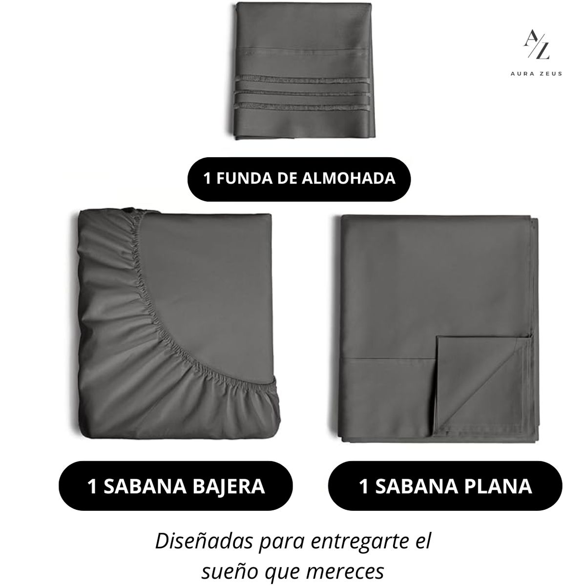 AZ AURAZEUS - Juego De Sabanas + Fundas De Almohada Gris 1.5 Plazas Hilos Suave Aura Zeus
