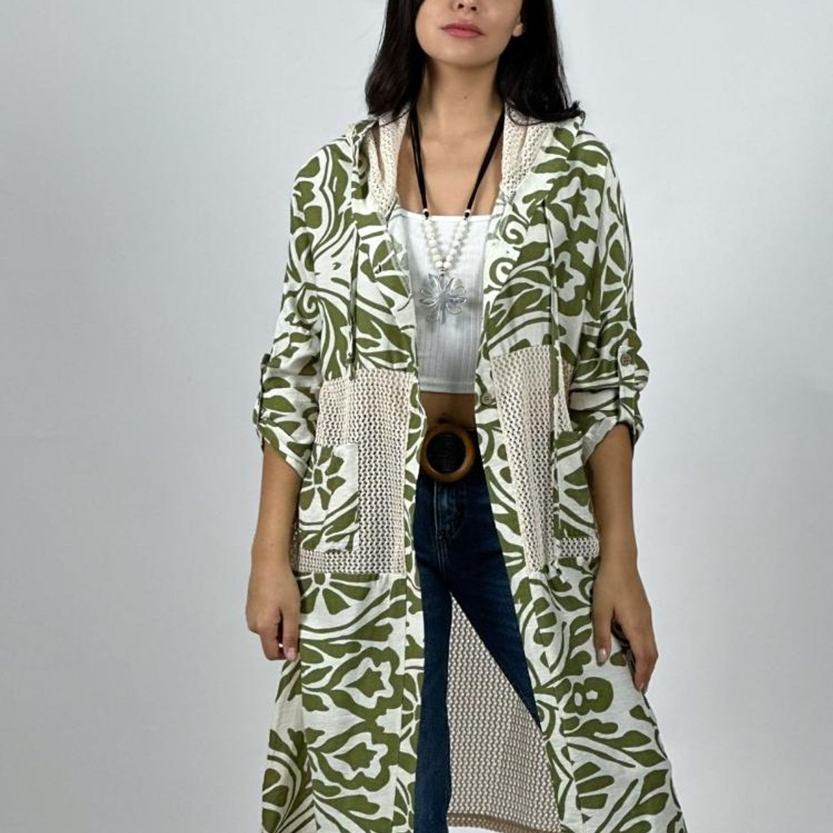 ENIGMATICA BOUTIQUE - Tapado Lino Tejido con Estampado Hojas