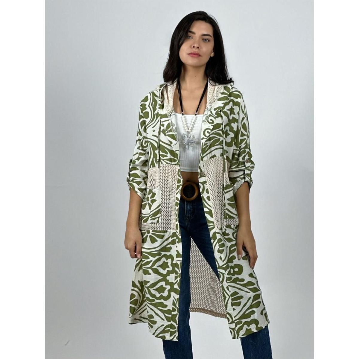 ENIGMATICA BOUTIQUE - Tapado Lino Tejido con Estampado Hojas