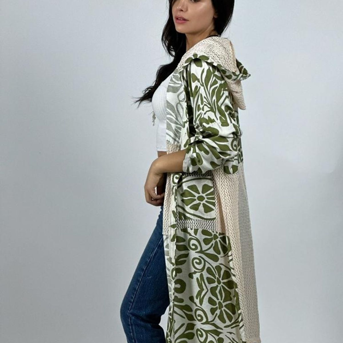 ENIGMATICA BOUTIQUE - Tapado Lino Tejido con Estampado Hojas
