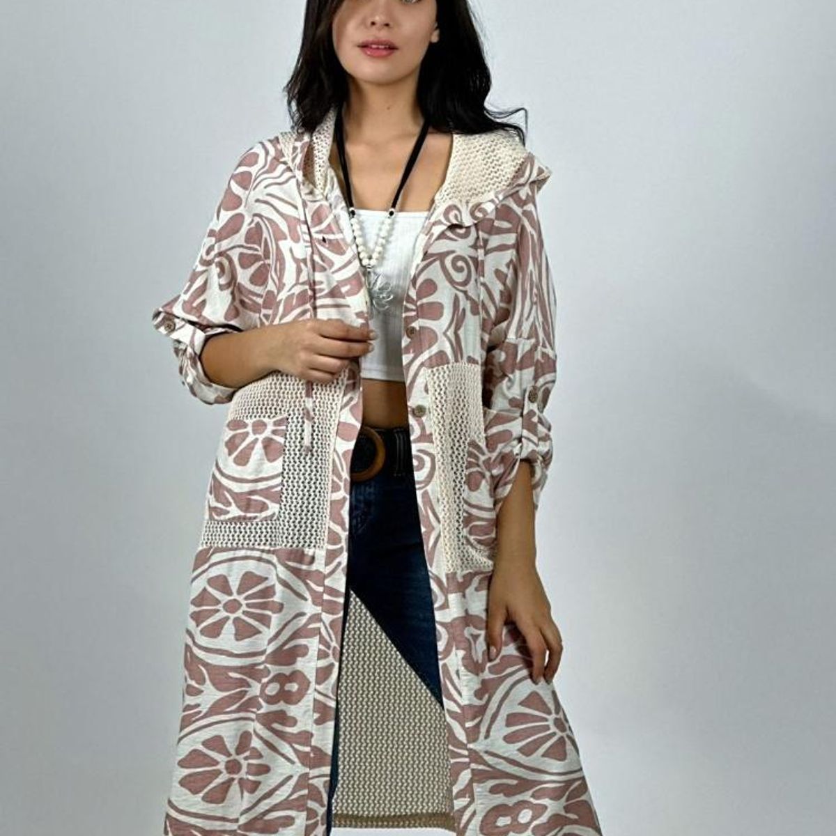 ENIGMATICA BOUTIQUE - Tapado Lino Tejido con Estampado Hojas