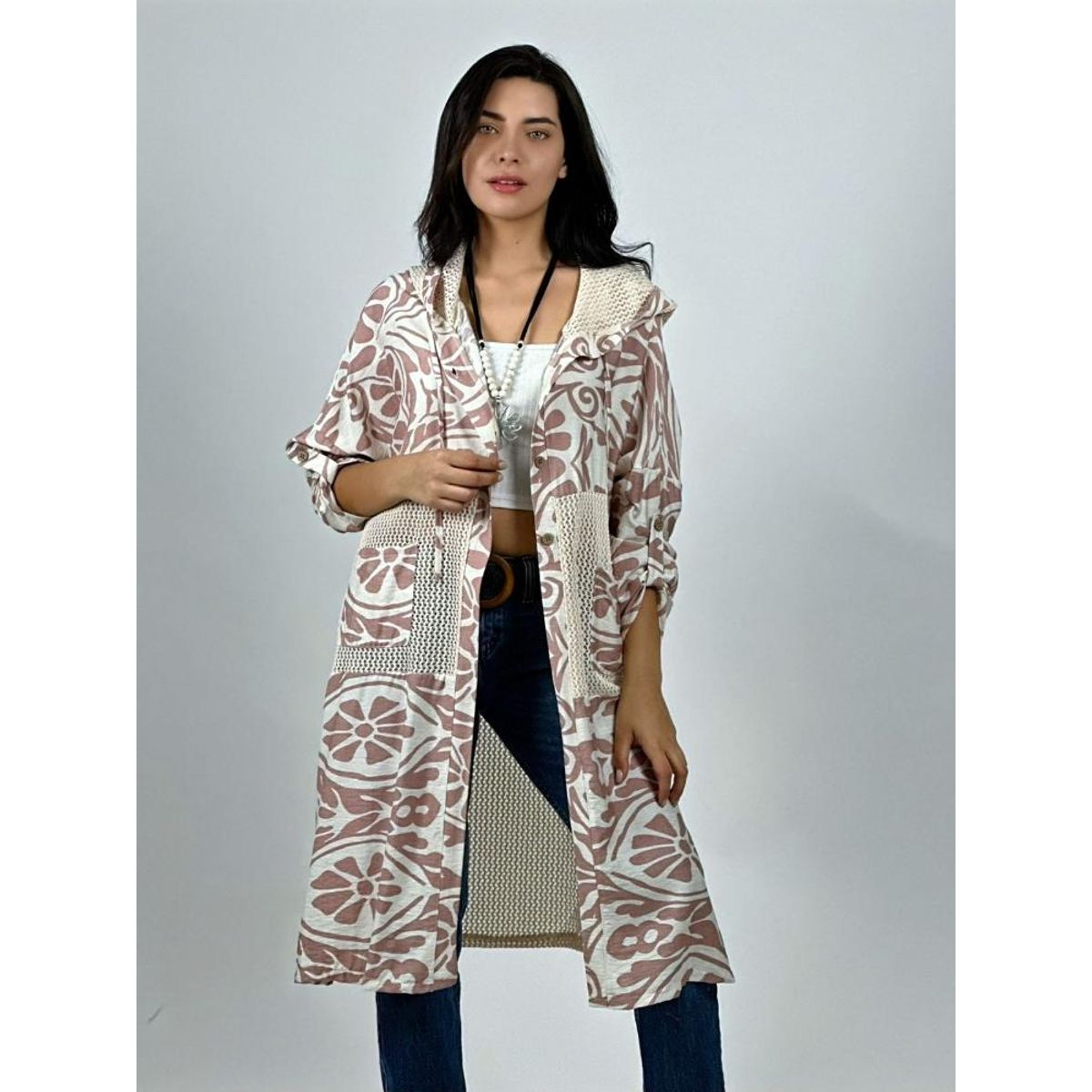 ENIGMATICA BOUTIQUE - Tapado Lino Tejido con Estampado Hojas