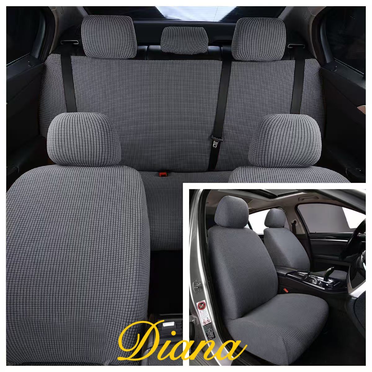 DIANA - FUNDA PARA ASIENTO DE AUTO UNICOLOR GRIS TELA CUADRILLE TAMAÑO UNIVERSAL