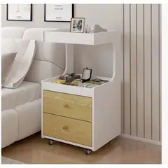 HOMER DESIGN - Velador Con Cajones Y Repisa Bicolor Con Rueda 80x40x43cm