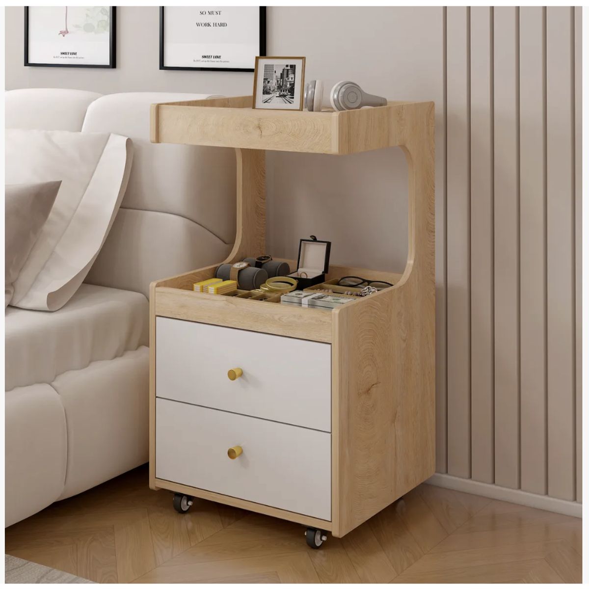 HOMER DESIGN - Velador Con Cajones Y Repisa Bicolor Con Rueda 80x40x43cm