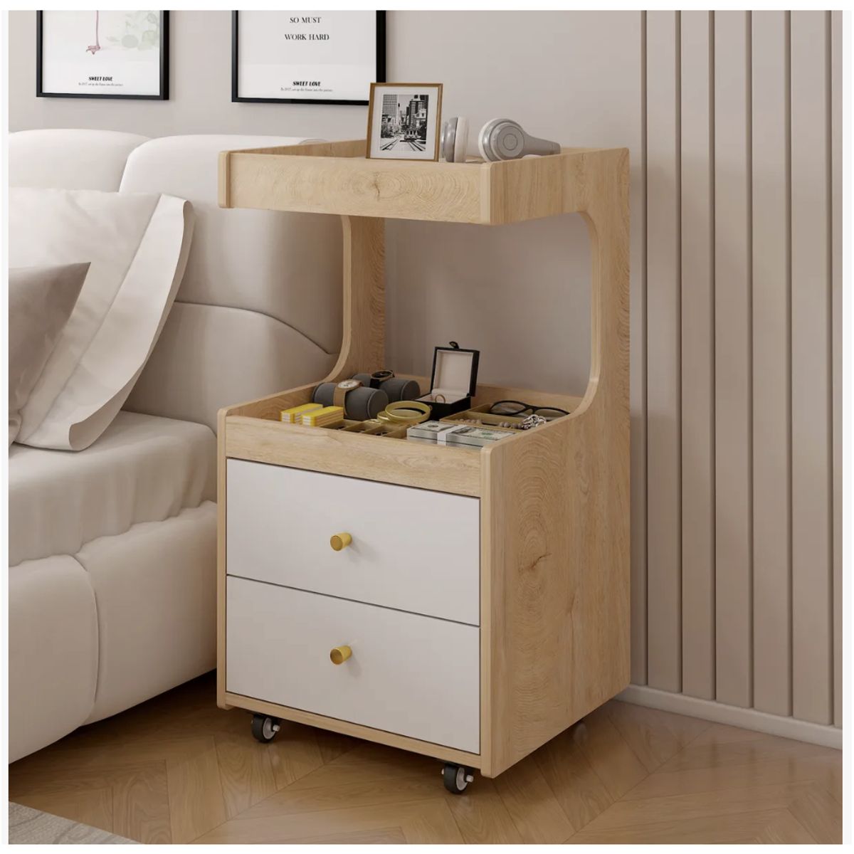 HOMER DESIGN - Velador Con Cajones Y Repisa Bicolor Con Rueda 80x40x43cm