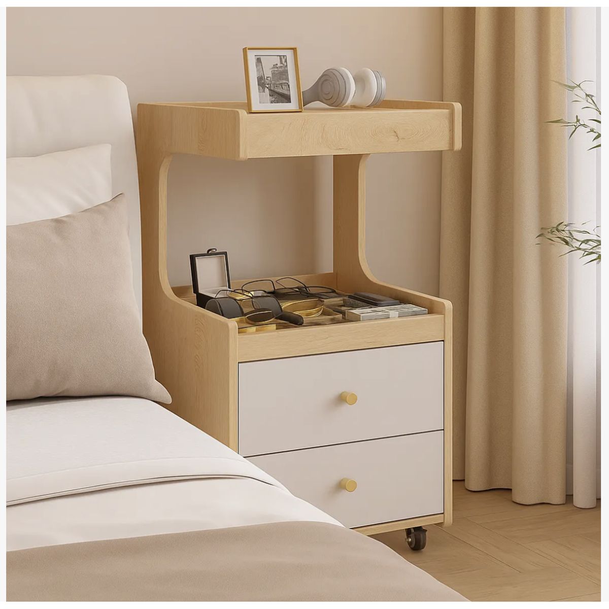 HOMER DESIGN - Velador Con Cajones Y Repisa Bicolor Con Rueda 80x40x43cm