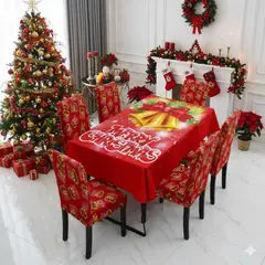DIANA - MANTEL ANTIMANCHA + 6 FUNDA SILLAS NAVIDEÑAS COLOR ROJO DISEÑO MERRY CHRISTMAS