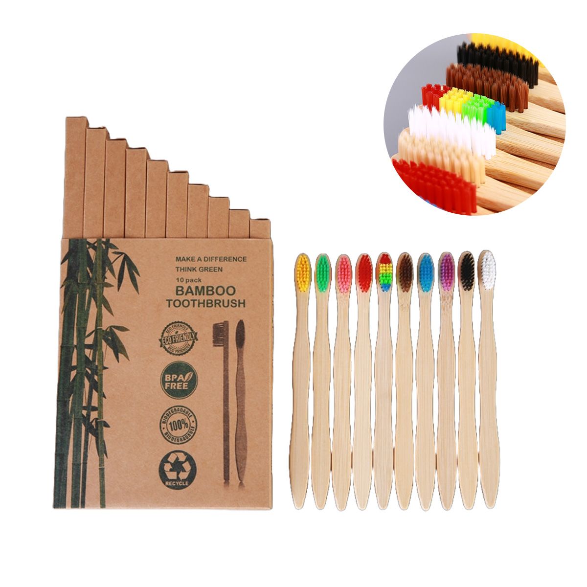 KINDA NICE - 10 Cepillos De Dientes Bambú Ecológico Biodegradable Adulto