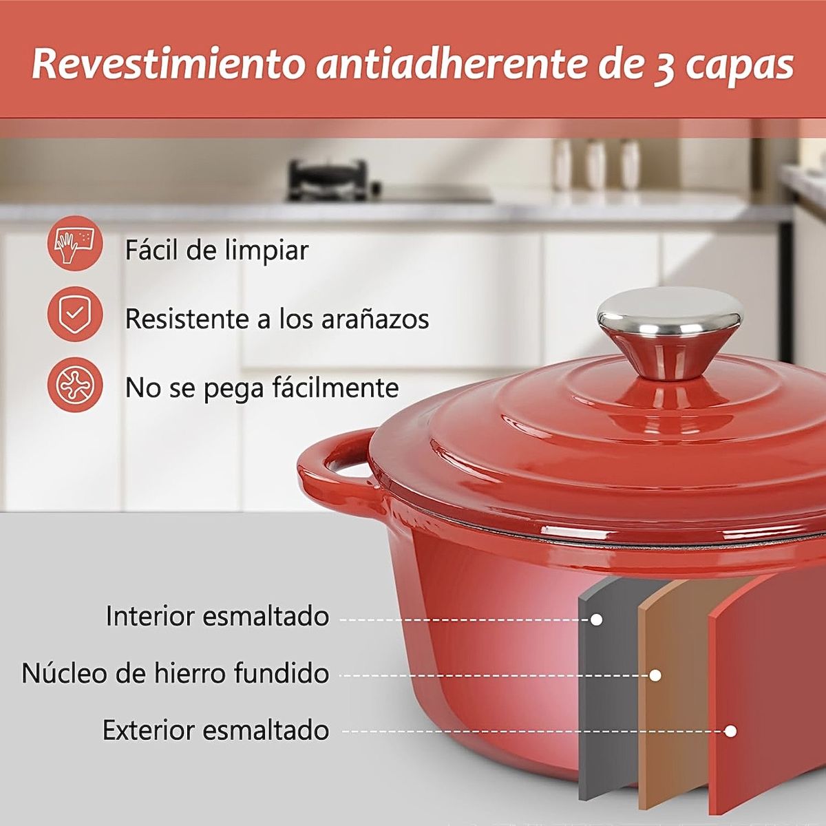 LUGANO - Olla Cocotte Fierro Esmaltado 22 Cm Color Rojo