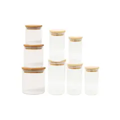 GENERICO - Set 8 Frascos Contenedores Especias Vidrio Con Tapa Bambu
