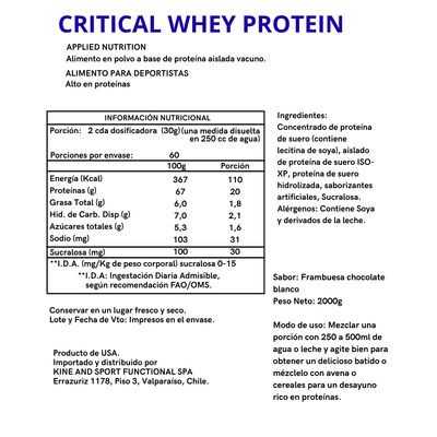 Imagen 2 del producto PROTEINA CRITICAL WHEY 2KG 67 SV WHITE CHOCOLATE RASPBERRY -