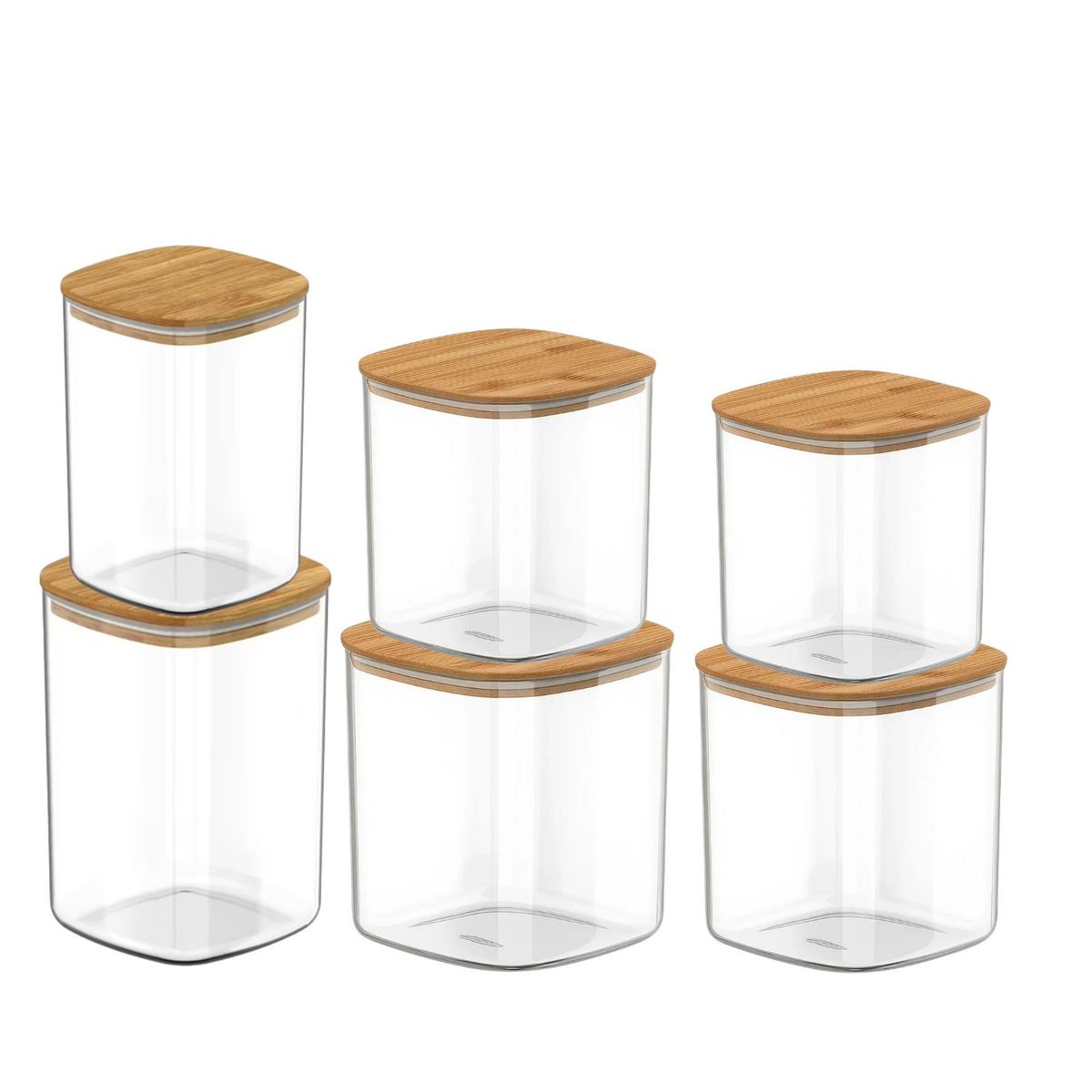 GENERICO - Set 6 Frascos Hermeticos Especias Cuadrado Tapa De Bambu